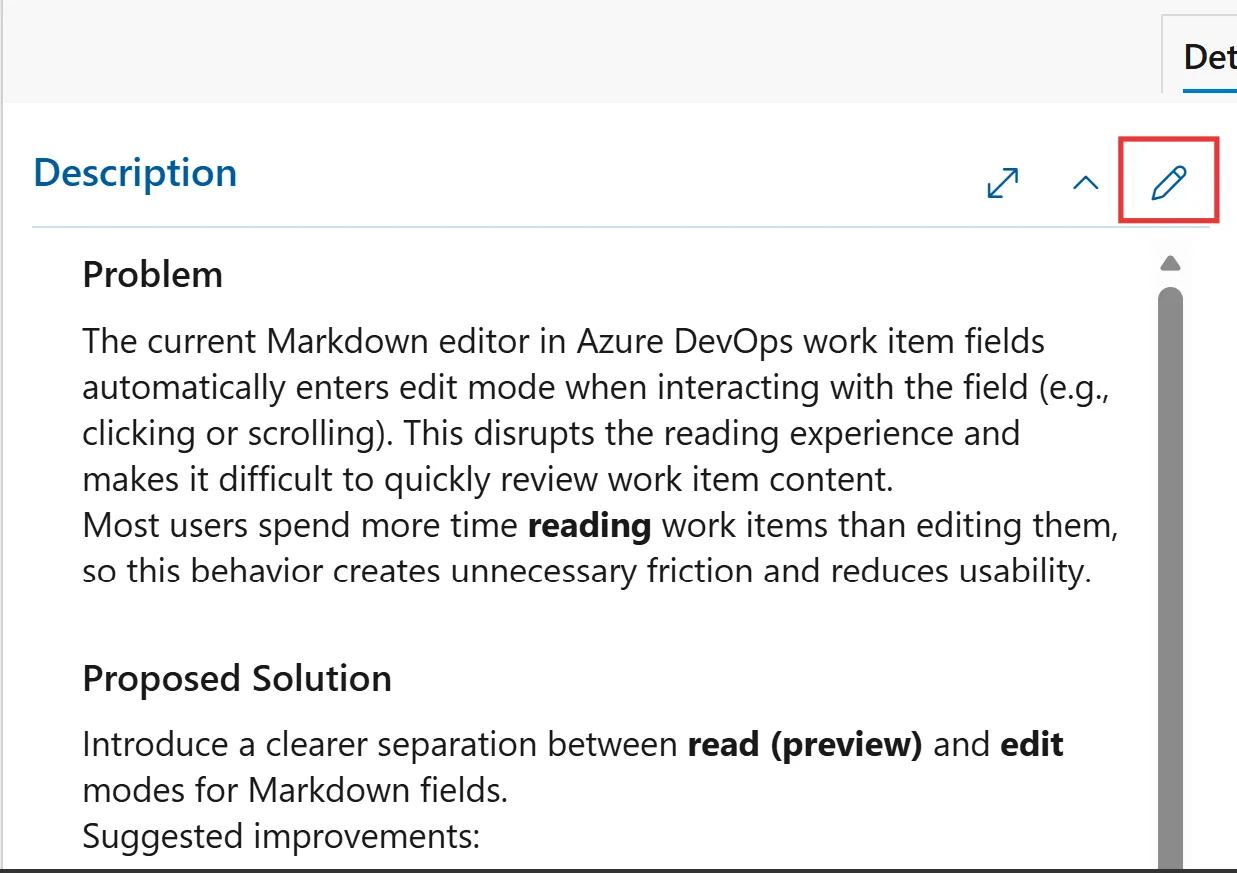 Screenshot showing the Markdown editor in preview mode for a work item field. Screenshot showing the Markdown editor in preview mode for a work item field.