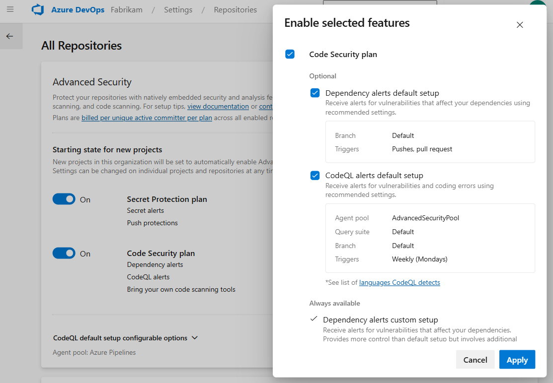 Screenshot showing CodeQL default setup configuration. Screenshot showing CodeQL default setup configuration.