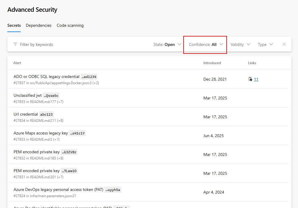 Screenshot showing All confidence filter. Screenshot showing All confidence filter.