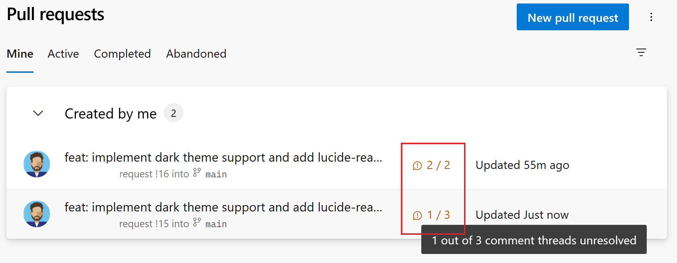 Screenshot showing the unresolved comments indicator on the pull request list. Screenshot showing the unresolved comments indicator on the pull request list.