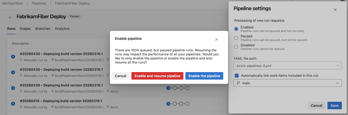 Enable pipeline and cancel paused runs