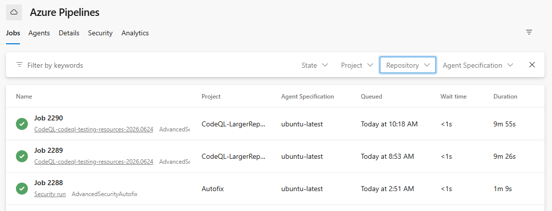 Agent pool job log view with new State and Repository filters