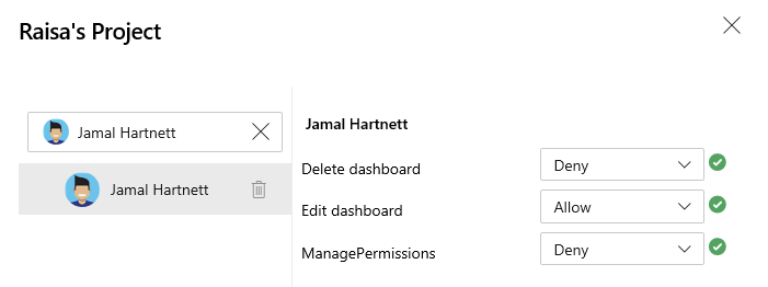 Dialog for a Project dashboard, add user and set permissions.