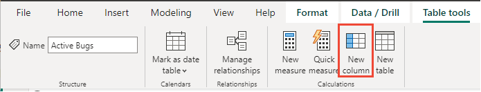 Screenshot of Power BI Table tools tab, New column.