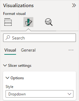 Screenshot of Visualizations pane, Slicer, settings options, Dropdown selected. 