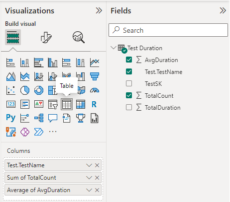 Screenshot of visualization fields selections for Test Duration table report. 