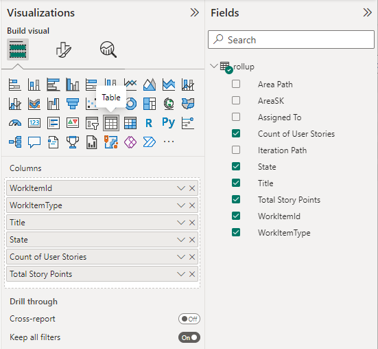 Screenshot of Power BI Visualizations and Fields selections for Rollup table report. 