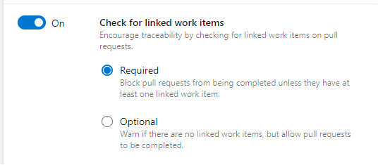 Screenshot of requiring linked work items in pull requests.
