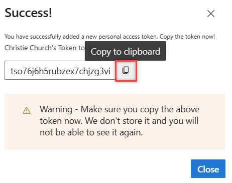 Screenshot showing how to copy the token to your clipboard.