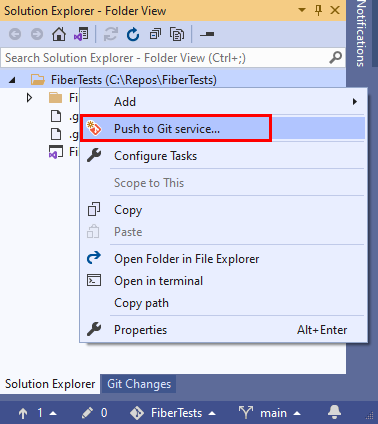 Screenshot of the 'Push to Git service' menu option in the Git menu on the menu bar in Visual Studio 2019.