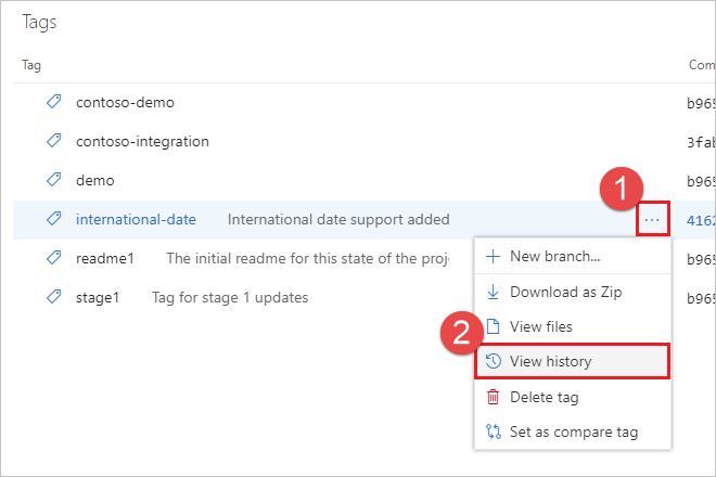 Screenshot of view tag history in the web portal.