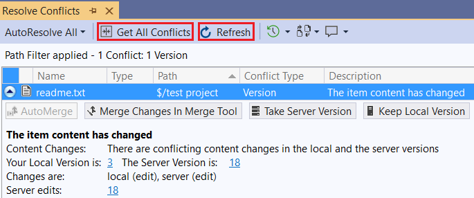 Screenshot that shows the Resolve Conflicts window.