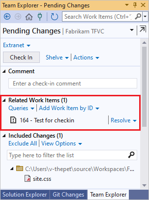 Screenshot shows Related Work Items in pending changes.