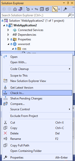 Screenshot that shows the Check In option in the Solution Explorer context menu.