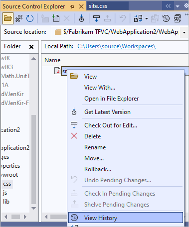 Screenshot that shows View History in the source file context menu.