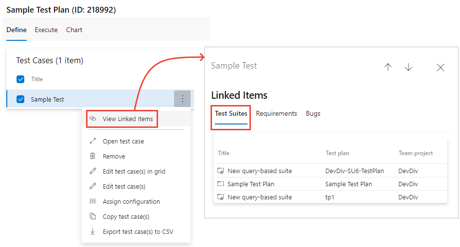 Screenshot of the Define tab showing the View linked items dialog.