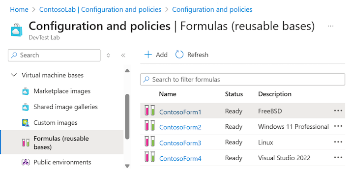 Screenshot that shows the list of Formulas and reusable bases for a lab in DevTest Labs.