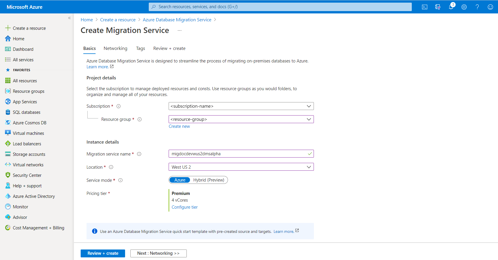 Configure Azure Database Migration Service basic settings