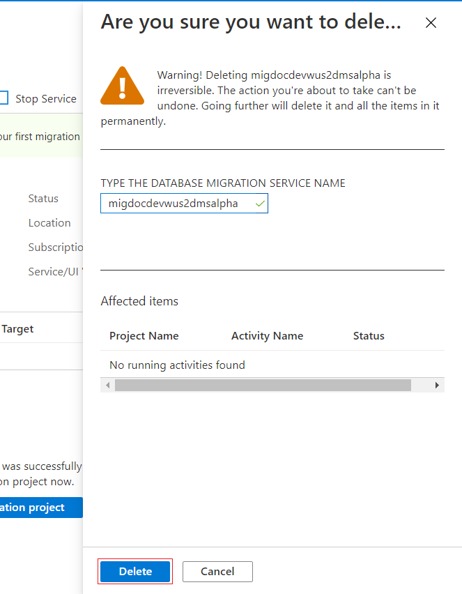 Confirm migration service delete