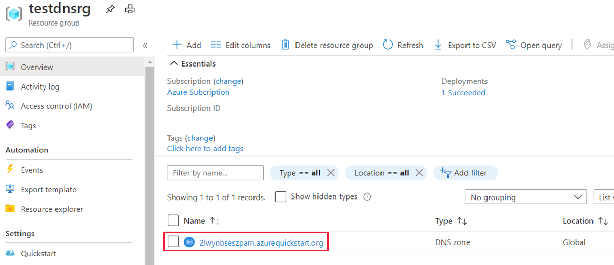 DNS zone deployment resource group