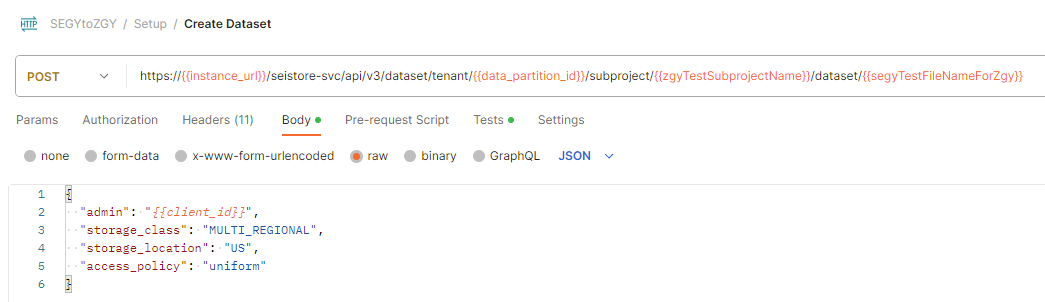 Screenshot that shows the API call to create a seismic dataset in Postman.