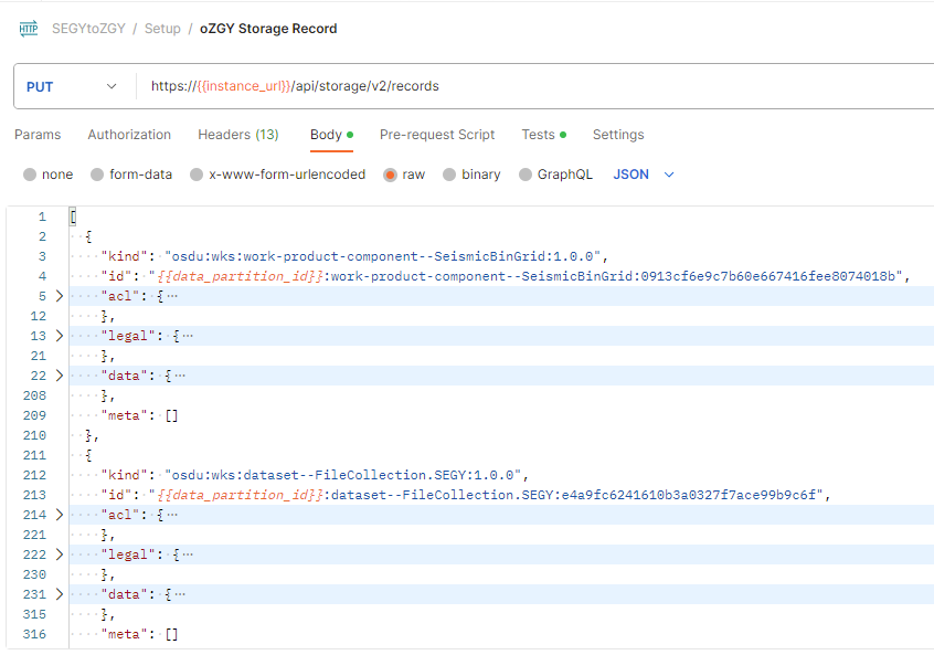 Screenshot that shows the API call to create storage records in Postman.