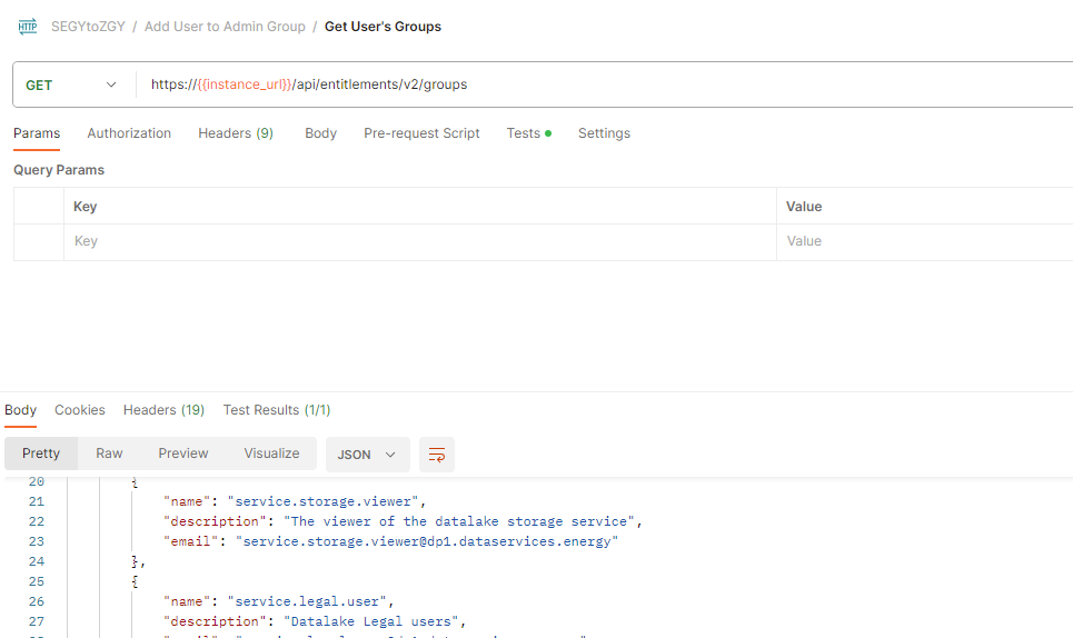 Screenshot that shows the API call to get user groups in Postman.
