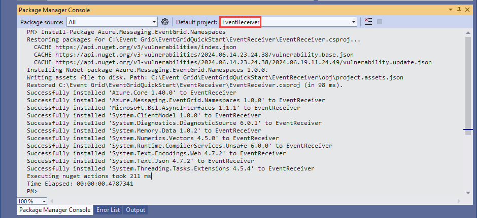 Screenshot showing EventReceiver project selected in the Package Manager Console.