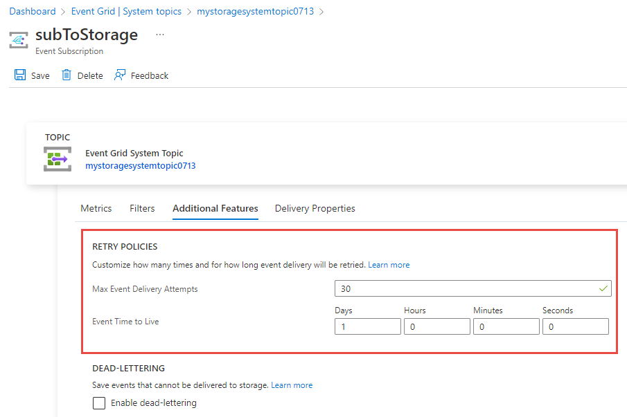 Screenshot showing the retry policy configuration of an existing event subscription.