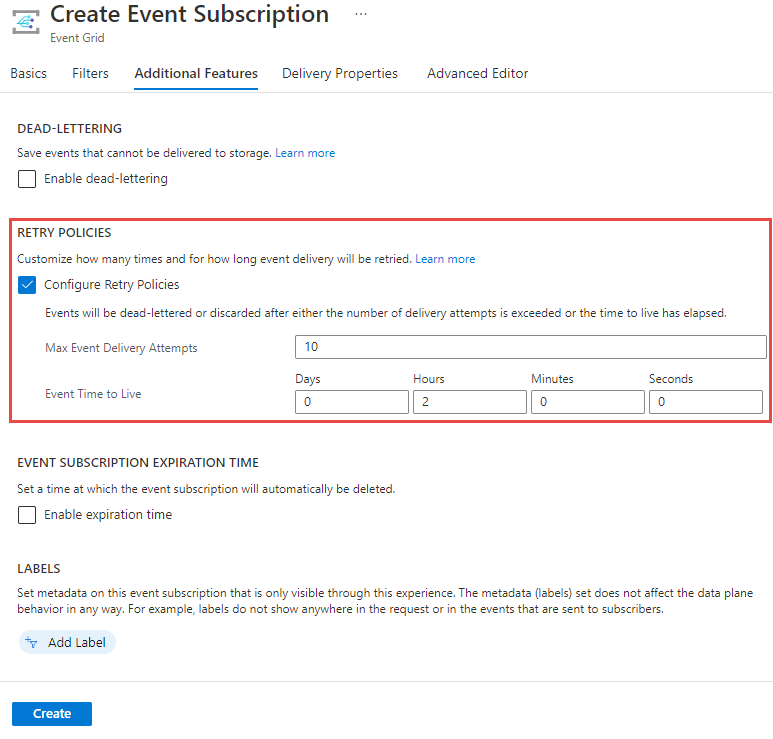 Screenshot showing the retry policy configuration of an event subscription.