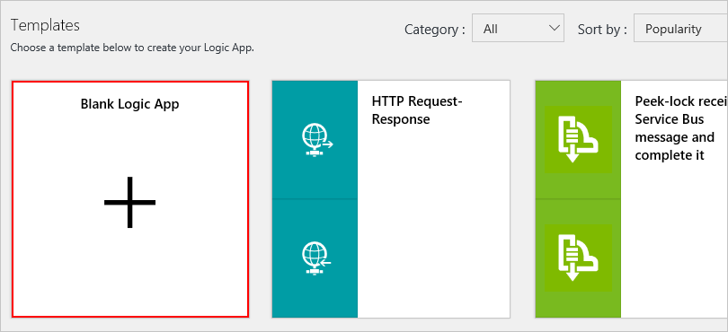 Screenshot showing Azure Logic Apps templates with selected "Blank Logic App" template.
