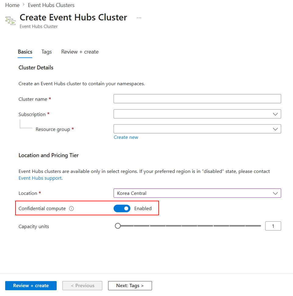 Screenshot showing the Create namespace page with the Confidential compute toggle enabled.