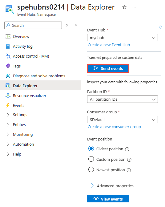 Screenshot showing the data explorer pane with Send events selected.