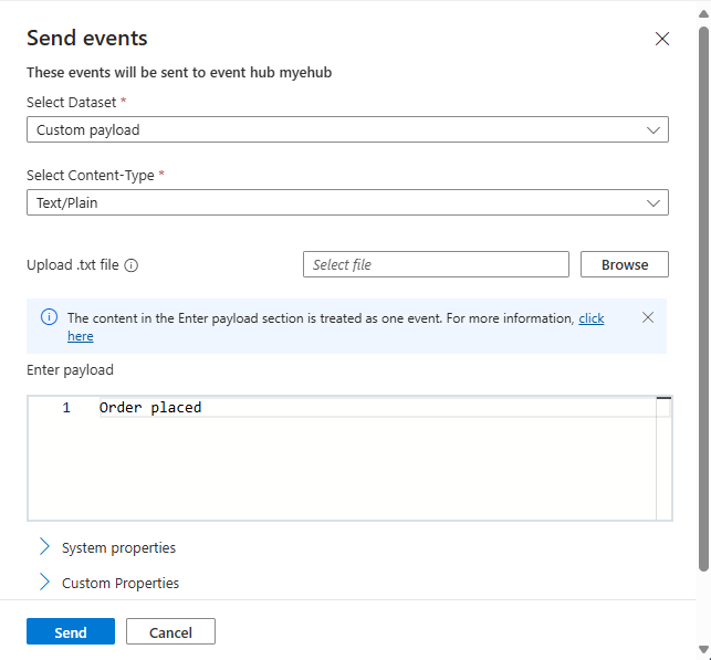 Screenshot showing the send event experience for custom payload.