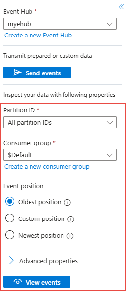 Screenshot showing the data explorer menu with View events selected.