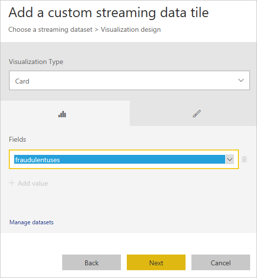 Screenshot specifying visualization type and fields.