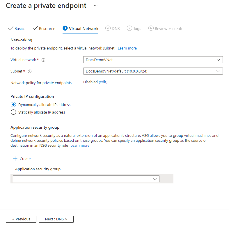 Screenshot showing the Virtual Network page of the Create private endpoint wizard.
