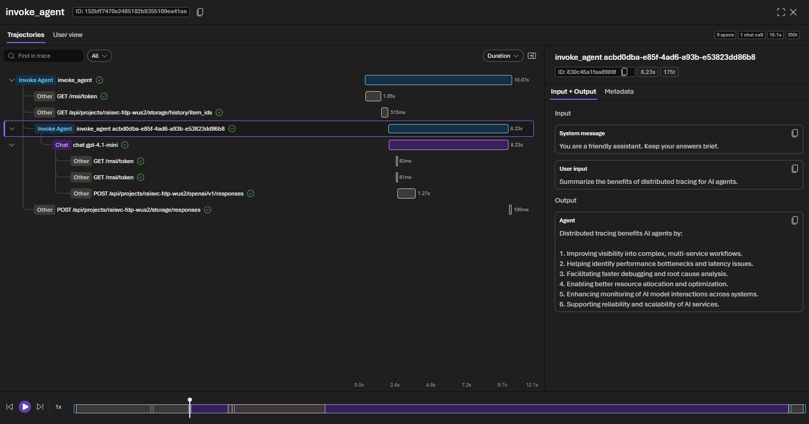 Screenshot of the trace waterfall view in the Foundry portal showing spans for invoke_agent, chat completions, and token requests with input/output details on the right.