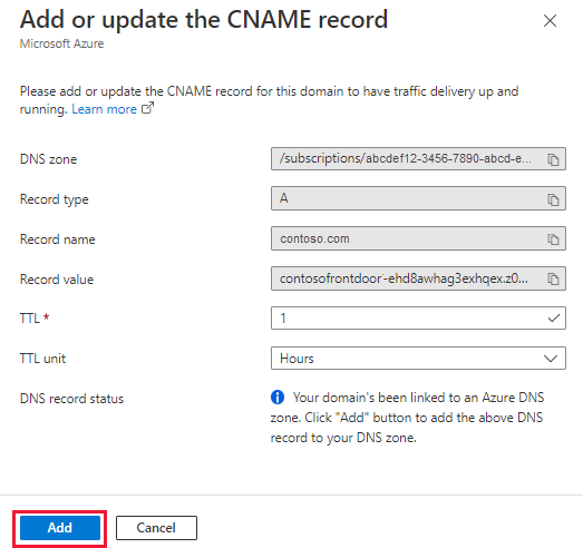 Screenshot of add or update CNAME record page.