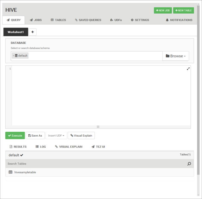 Image of the query worksheet for the Hive view