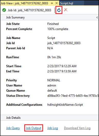 Completed Hive job summary, Hive application, Visual Studio.