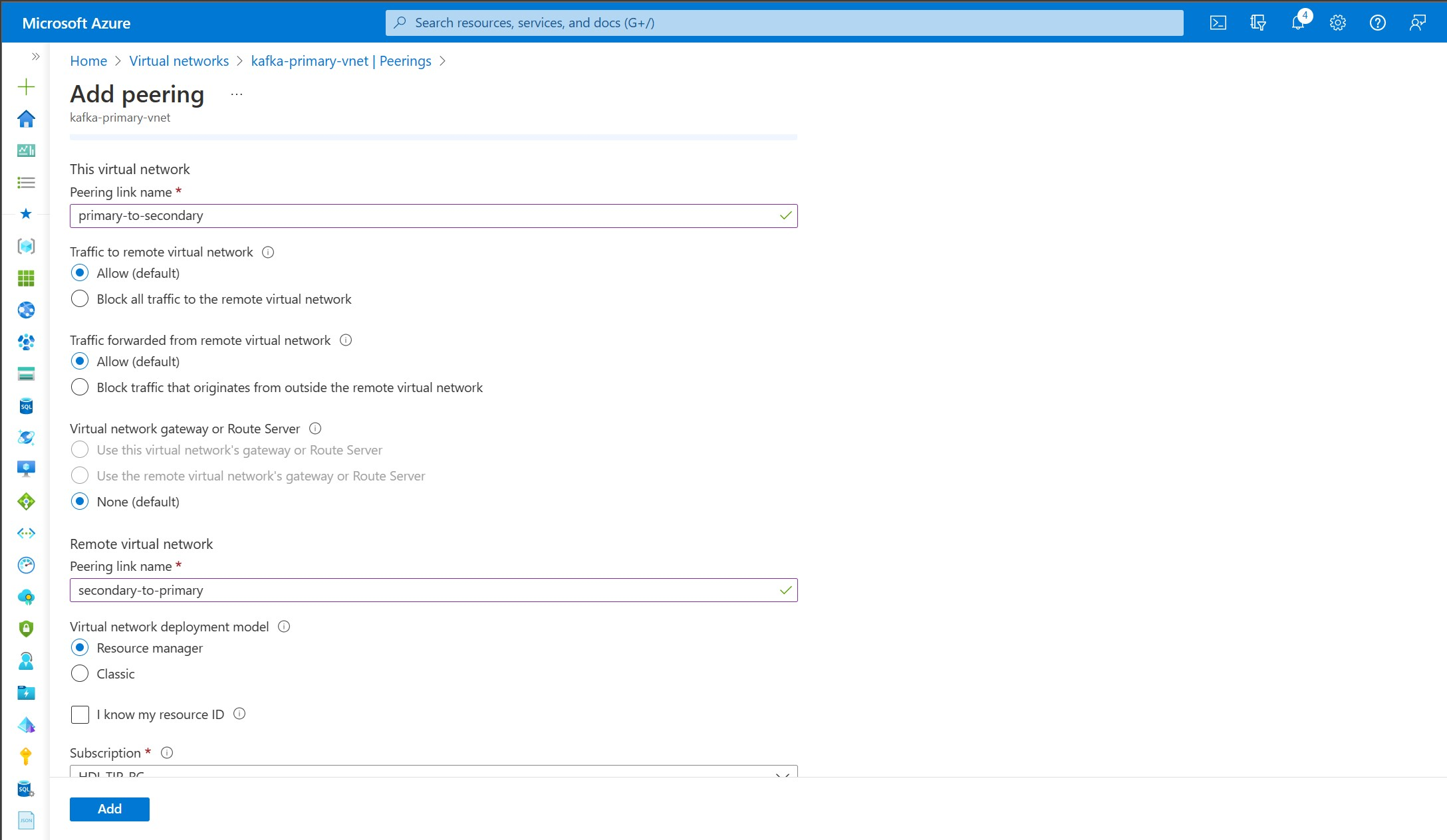 Screenshot that shows HDInsight Kafka add virtual network peering primary to secondary.