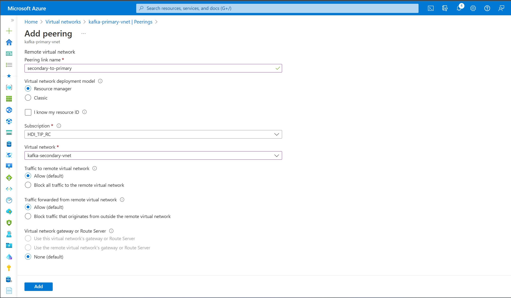 Screenshot that shows HDInsight Kafka add virtual network peering from secondary to primary.