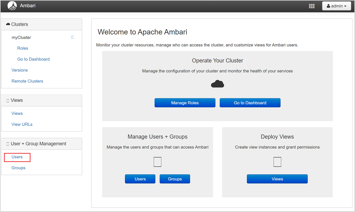 Apache Ambari management page users.