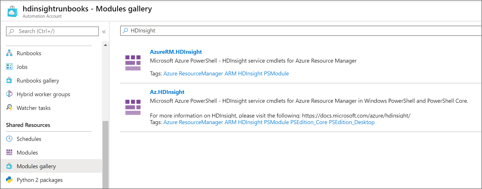 Screenshot that shows browsing HDInsight modules.