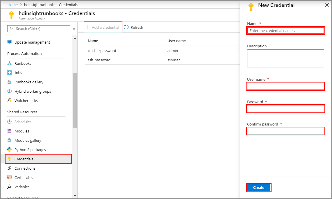 Screenshot that shows creating a new credential.