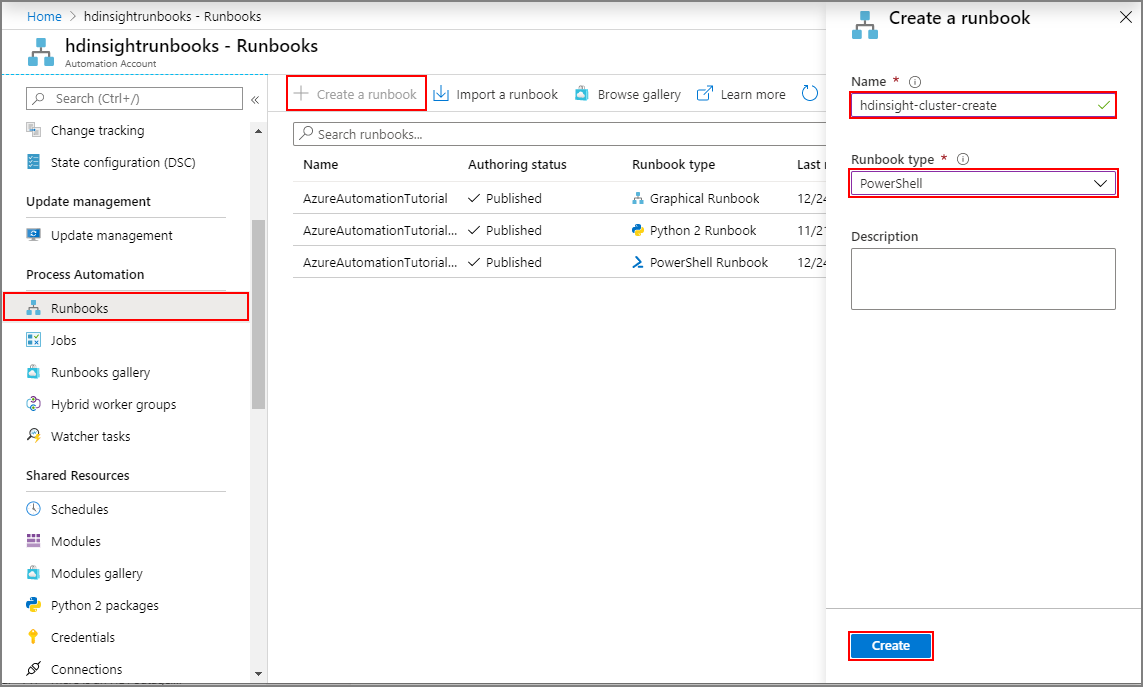 Screenshot that shows creating a runbook.