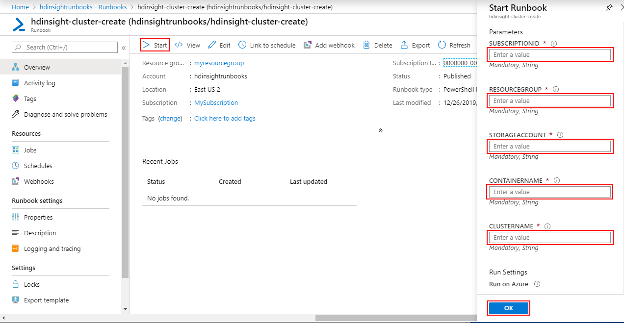 Screenshot that shows running a cluster runbook.