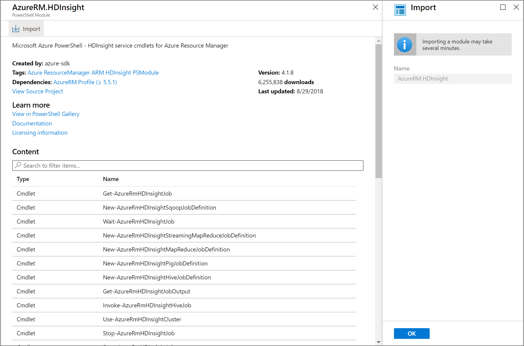 Screenshot that shows the import message for the AzureRM.HDInsight module.