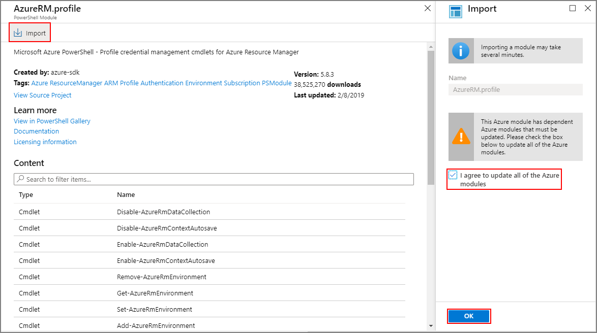 Screenshot that shows importing the AzureRM.profile module.